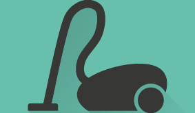 Piktogramm eines Staubsaugers auf türkisem Hintergrund. 